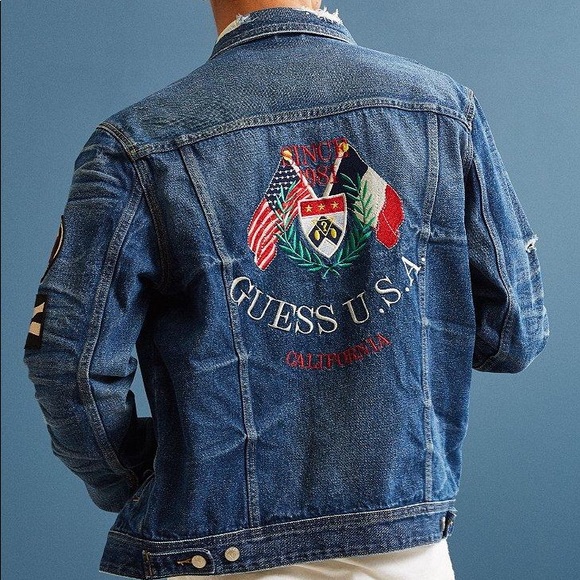 Mens Guess Jean Jacket Distressed Patches Denim - Picture 2 of 8